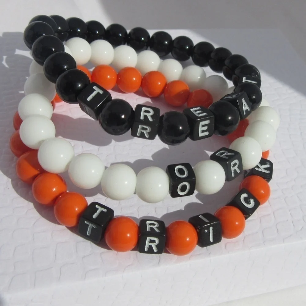Hand Crafted Bracelets Stack 3 Trick or Treat Halloween Stretch Orange Black Med